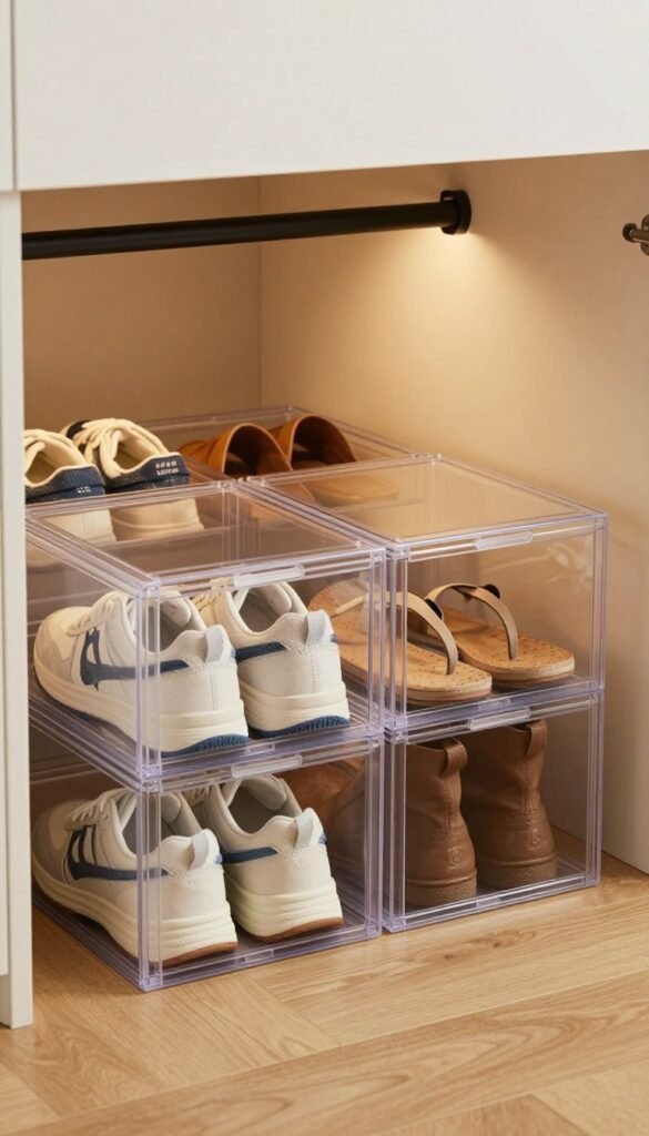 A stylish and organized under-bed shoe storage system featuring a modern "Ordnungskiste" design. In the foreground, showcase neatly arranged sneakers, boots, and flip-flops, all visible through transparent sliding containers that create a sense of functionality and accessibility. The middle ground consists of the under-bed area with soft, warm lighting illuminating the space, casting gentle shadows that evoke a cozy atmosphere. In the background, light-colored wooden flooring complements the natural tones of the shoe organizer, enhancing the Pinterest aesthetic. The lens captures the scene from a low angle, emphasizing the depth of storage while maintaining an inviting vibe. The overall mood feels warm, organized, and effortlessly stylish, reflecting a perfect solution for maximizing under-bed space. A stylish and organized under-bed shoe storage system featuring a modern "Ordnungskiste" design. In the foreground, showcase neatly arranged sneakers, boots, and flip-flops, all visible through transparent sliding containers that create a sense of functionality and accessibility. The middle ground consists of the under-bed area with soft, warm lighting illuminating the space, casting gentle shadows that evoke a cozy atmosphere. In the background, light-colored wooden flooring complements the natural tones of the shoe organizer, enhancing the Pinterest aesthetic. The lens captures the scene from a low angle, emphasizing the depth of storage while maintaining an inviting vibe. The overall mood feels warm, organized, and effortlessly stylish, reflecting a perfect solution for maximizing under-bed space.