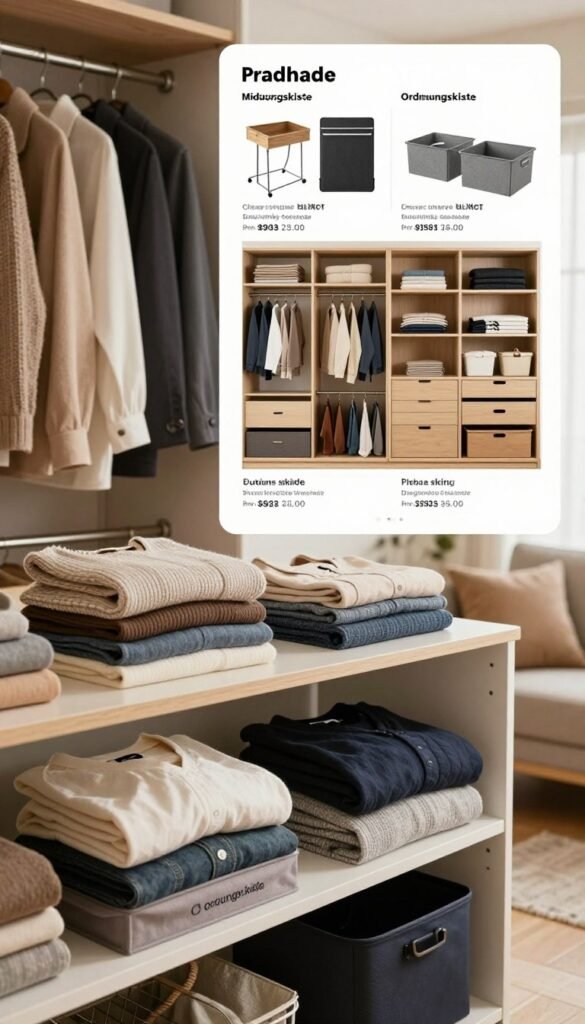 A stylish and organized wardrobe comparison, featuring a well-arranged clothing closet. In the foreground, display neatly folded clothes in various budget-friendly storage solutions from the brand "Ordnungskiste" on elegant shelves. The middle ground showcases a visual comparison of different closet systems, each labeled with materials and price ranges, reflecting an array of styles from minimalistic to eclectic. The background features a softly lit room with warm, inviting colors, creating a cozy and appealing atmosphere. Use soft natural lighting to enhance the textures of the fabrics and wood finishes. Capture the image from a slightly elevated angle to provide a comprehensive view, ensuring an authentic Pinterest-inspired aesthetic without any text or branding on the image itself. A stylish and organized wardrobe comparison, featuring a well-arranged clothing closet. In the foreground, display neatly folded clothes in various budget-friendly storage solutions from the brand "Ordnungskiste" on elegant shelves. The middle ground showcases a visual comparison of different closet systems, each labeled with materials and price ranges, reflecting an array of styles from minimalistic to eclectic. The background features a softly lit room with warm, inviting colors, creating a cozy and appealing atmosphere. Use soft natural lighting to enhance the textures of the fabrics and wood finishes. Capture the image from a slightly elevated angle to provide a comprehensive view, ensuring an authentic Pinterest-inspired aesthetic without any text or branding on the image itself.