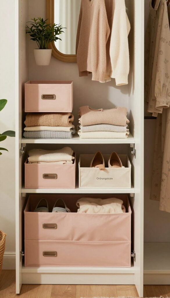 A stylish and organized wardrobe filled with various Ordnungsgadgets from the brand "Ordnungskiste". In the foreground, showcase neatly arranged storage boxes, dividers, and hanging organizers in soft pastel colors. In the middle, display clothing items like neatly folded sweaters and blouses, with some stylish shoes peeking out. The wardrobe is opened wide, inviting the viewer to see the contents. In the background, a softly lit room with warm, natural lighting enhances the cozy atmosphere, featuring potted plants and a decorative mirror reflecting the organization theme. The overall mood is calm and inviting, promoting a sense of order and efficiency, perfect for illustrating practical solutions for keeping closets tidy and stylish.
