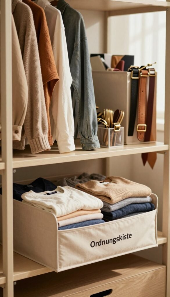 A stylish and organized wardrobe interior featuring various types of organizers to promote clarity and neatness. In the foreground, display a visually appealing "Ordnungskiste" organizer filled with neatly folded clothing, showcasing its practical design. In the middle, include hanging clothes arranged by color and texture, complemented by additional organizers for accessories like belts and scarves. In the background, soft natural light filters through a window, casting a warm glow over the scene, enhancing the inviting atmosphere. Use a shallow depth of field to bring attention to the foreground while softly blurring the background items. Aim for a Pinterest-inspired aesthetic, with warm color tones that evoke a sense of comfort and harmony, ensuring the image is authentic and devoid of any text or branding elements beyond the "Ordnungskiste".