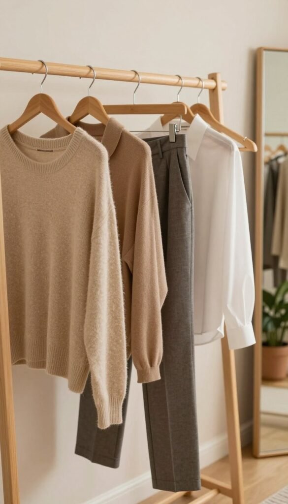 A stylish and organized wardrobe scene showcasing a capsule wardrobe concept, featuring a carefully arranged collection of clothing pieces neatly hung on wooden hangers. In the foreground, a beautifully draped soft beige sweater, tailored grey trousers, and a classic white blouse are displayed. In the middle, a minimalist wooden rack holds several versatile tops, bottoms, and accessories, all in warm, earthy tones that emphasize a natural aesthetic. The background softly fades into a serene, light-filled dressing room with a potted plant and a full-length mirror reflecting the wardrobe. The lighting is soft and warm, creating an inviting atmosphere. The brand name "Ordnungskiste" subtly integrated into the scene, enhancing the vibe of organization and simplicity. Aim for a Pinterest-worthy look, authentic and vibrant, free of text or watermarks.