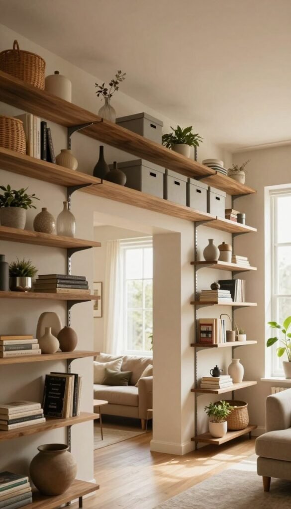 A stylish and practical living space featuring a beautifully organized wall shelf system that extends towards the ceiling, displaying a mix of decorative items and functional storage boxes from the brand "Ordnungskiste." The foreground shows meticulously arranged decorative objects such as plants and books. In the middle ground, a sleek, modern shelving unit is installed above a doorway, maximizing vertical space while maintaining a harmonious aesthetic. The background includes a cozy, well-lit room with warm, inviting colors and soft natural lighting streaming through large windows. The overall mood is warm and calming, evoking a sense of comfort and organization, perfect for creating additional storage without renovation. A stylish and practical living space featuring a beautifully organized wall shelf system that extends towards the ceiling, displaying a mix of decorative items and functional storage boxes from the brand "Ordnungskiste." The foreground shows meticulously arranged decorative objects such as plants and books. In the middle ground, a sleek, modern shelving unit is installed above a doorway, maximizing vertical space while maintaining a harmonious aesthetic. The background includes a cozy, well-lit room with warm, inviting colors and soft natural lighting streaming through large windows. The overall mood is warm and calming, evoking a sense of comfort and organization, perfect for creating additional storage without renovation.