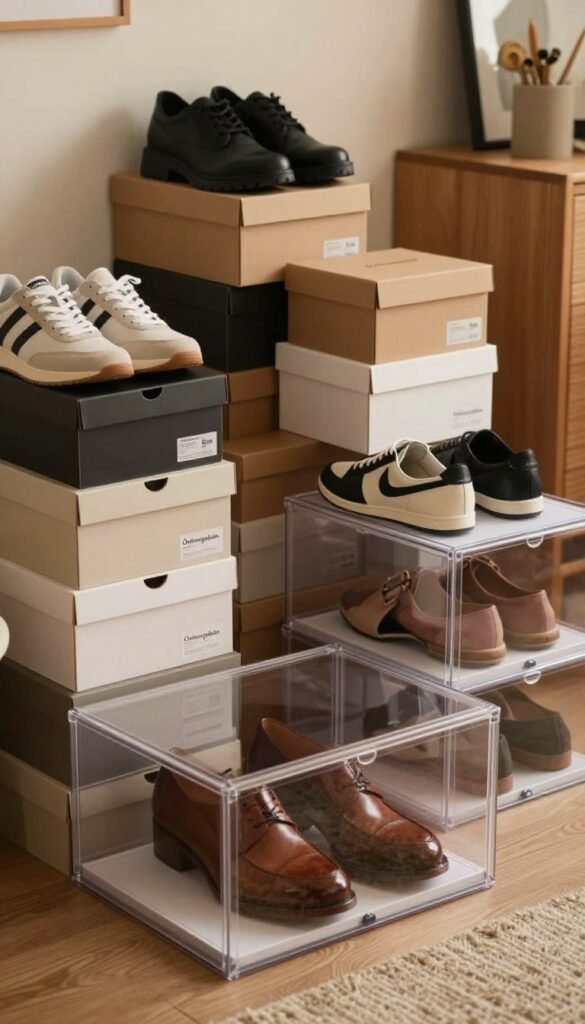 A stylish arrangement of shoes neatly stored in various stackable shoe boxes and organizers branded "Ordnungskiste." In the foreground, focus on a pair of elegant leather shoes displayed prominently inside a clear shoe box, showcasing their polished surface. In the middle ground, various shoe boxes are stacked neatly, displaying different styles such as sneakers and heels. The background features a cozy, stylish room with soft ambient lighting, enhancing the warm colors and inviting atmosphere. The lens captures the scene from a slightly elevated angle, offering a comprehensive view of the organized shoe storage. The overall mood is one of simplicity and order, embodying an authentic, Pinterest-inspired aesthetic.