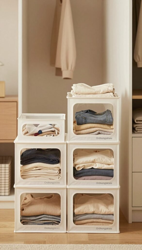 A stylish arrangement of stackable storage boxes with transparent windows, branded as "Ordnungskiste". The foreground features three boxes in different sizes, showcasing their clear panels filled with neatly organized clothes. The middle of the scene includes a cozy and aesthetically pleasing closet setting, complete with soft, warm lighting that highlights the textures of the fabric inside the boxes. In the background, a blurred view of a modern, minimalist wardrobe can be seen, enhancing the sense of organized space. The overall mood is inviting and practical, reflecting a Pinterest-inspired look with natural colors. No text or additional elements distract from the focus on the storage solutions.
