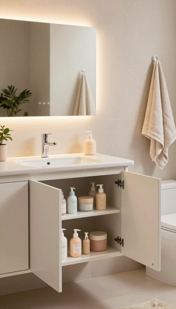 A stylish bathroom scene featuring a sleek, modern "Spiegelschrank" by Ordnungskiste, designed with elegant mirrored surfaces and ample organized storage. In the foreground, a gently lit vanity area showcases the cabinet's open doors, revealing neatly arranged personal care items in soft pastel colors. The middle ground presents the spacious mirror reflecting warm, inviting light that enhances the overall ambiance. The background displays a tastefully decorated bathroom with soft textures, like plush towels hung neatly and potted plants adding a touch of nature. The overall mood is calming and functional, epitomizing a Pinterest-worthy aesthetic with natural warm tones. The scene is captured from an eye-level angle, ensuring clarity and detail without any text or distractions. A stylish bathroom scene featuring a sleek, modern "Spiegelschrank" by Ordnungskiste, designed with elegant mirrored surfaces and ample organized storage. In the foreground, a gently lit vanity area showcases the cabinet's open doors, revealing neatly arranged personal care items in soft pastel colors. The middle ground presents the spacious mirror reflecting warm, inviting light that enhances the overall ambiance. The background displays a tastefully decorated bathroom with soft textures, like plush towels hung neatly and potted plants adding a touch of nature. The overall mood is calming and functional, epitomizing a Pinterest-worthy aesthetic with natural warm tones. The scene is captured from an eye-level angle, ensuring clarity and detail without any text or distractions.