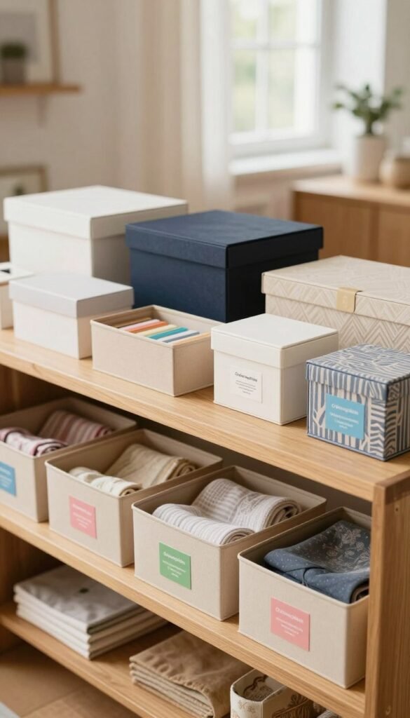 A stylish display of various "Ordnungskiste" storage boxes arranged neatly on a modern wooden shelving unit. In the foreground, feature several open boxes, showcasing their contents like colorful labels and neatly folded textiles. In the middle, include closed boxes of different sizes and patterns, emphasizing versatility in organization. The background should softly blur a cozy, well-lit room with natural daylight streaming through a window, illuminating the warm, inviting colors of the boxes. Use a shallow depth of field to focus on the boxes, creating a sense of depth and layering. The overall mood should be tranquil and organized, reflecting a harmonious living space that's both functional and aesthetically pleasing, with a Pinterest-inspired look.
