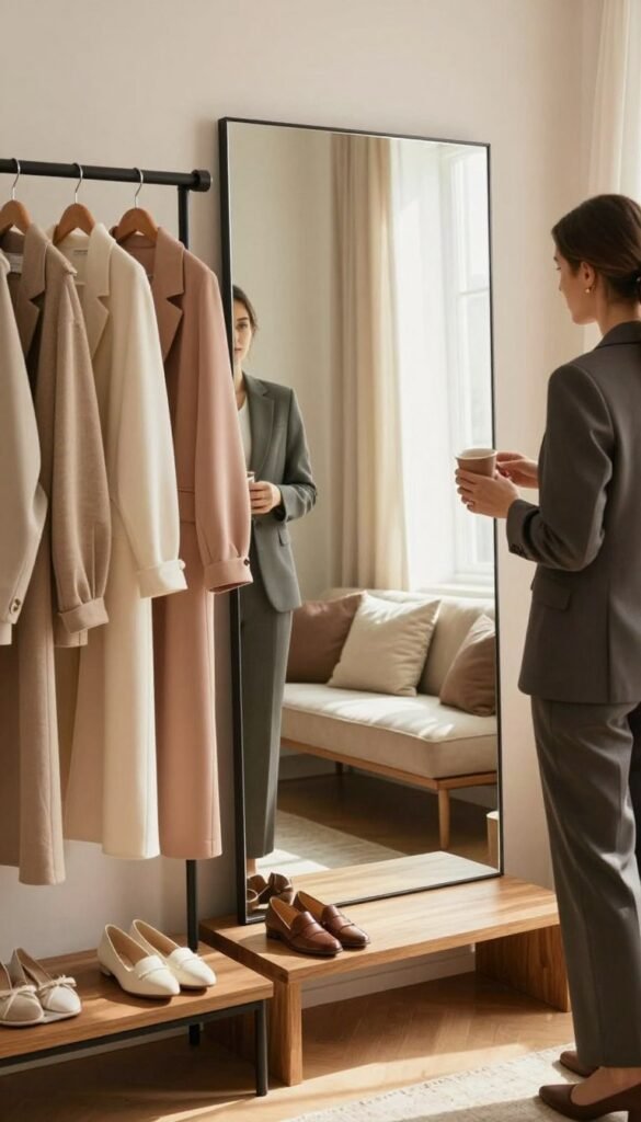 A stylish dressing room featuring a large, elegant mirror reflecting warm natural light. In the foreground, a simple, organized space holds neatly hung clothes and accessories from the brand "Ordnungskiste," including a variety of outfits in soft, inviting colors. The mirror's surface captures the ambiance, radiating comfort and tranquility. In the middle ground, a wooden bench with plush cushions invites relaxation, while in the background, soft curtains diffuse sunlight, creating a serene atmosphere. The scene conveys a sense of calm and readiness as a person in professional business attire stands beside the mirror, evaluating their outfit. The overall mood is warm and welcoming, reminiscent of Pinterest aesthetics, promoting a stress-free dressing experience. A stylish dressing room featuring a large, elegant mirror reflecting warm natural light. In the foreground, a simple, organized space holds neatly hung clothes and accessories from the brand "Ordnungskiste," including a variety of outfits in soft, inviting colors. The mirror's surface captures the ambiance, radiating comfort and tranquility. In the middle ground, a wooden bench with plush cushions invites relaxation, while in the background, soft curtains diffuse sunlight, creating a serene atmosphere. The scene conveys a sense of calm and readiness as a person in professional business attire stands beside the mirror, evaluating their outfit. The overall mood is warm and welcoming, reminiscent of Pinterest aesthetics, promoting a stress-free dressing experience.