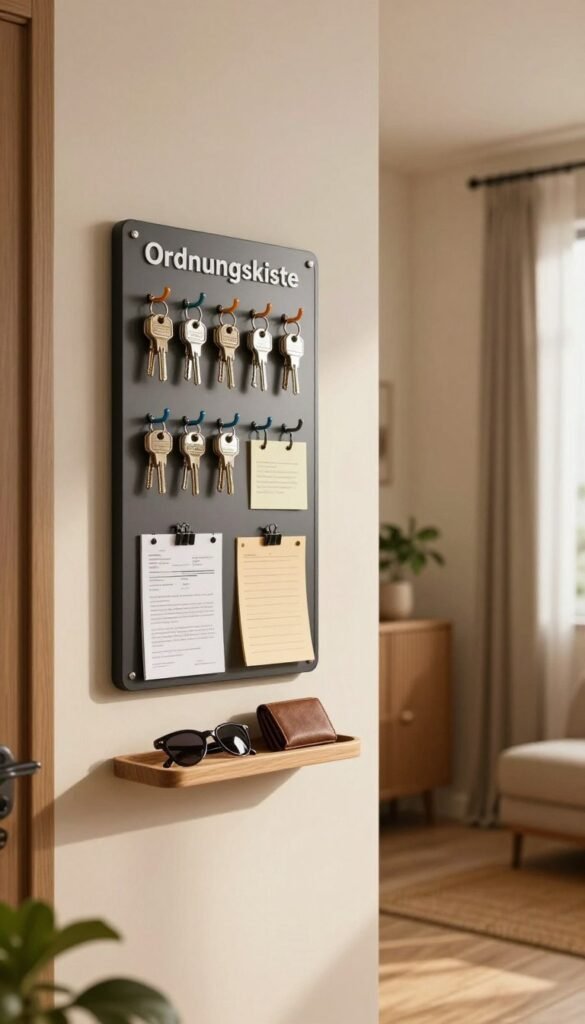 A stylish entrance area featuring a beautifully organized "Ordnungskiste" key holder on the wall, designed with a sleek modern aesthetic. In the foreground, the key holder is adorned with various sets of keys neatly hung on colorful hooks, while an accompanying magnetic board displays a few important documents and personal notes. A small wooden tray below holds sunglasses and a wallet, creating a sense of functional elegance. The background showcases a cozy hallway with warm lighting, soft shadows, and natural decor elements like potted plants and a welcoming mat. The image evokes a calm, orderly atmosphere, highlighting how effective organization brings harmony to an entryway, captured with a soft, inviting lens angle that invites the viewer into this serene space.