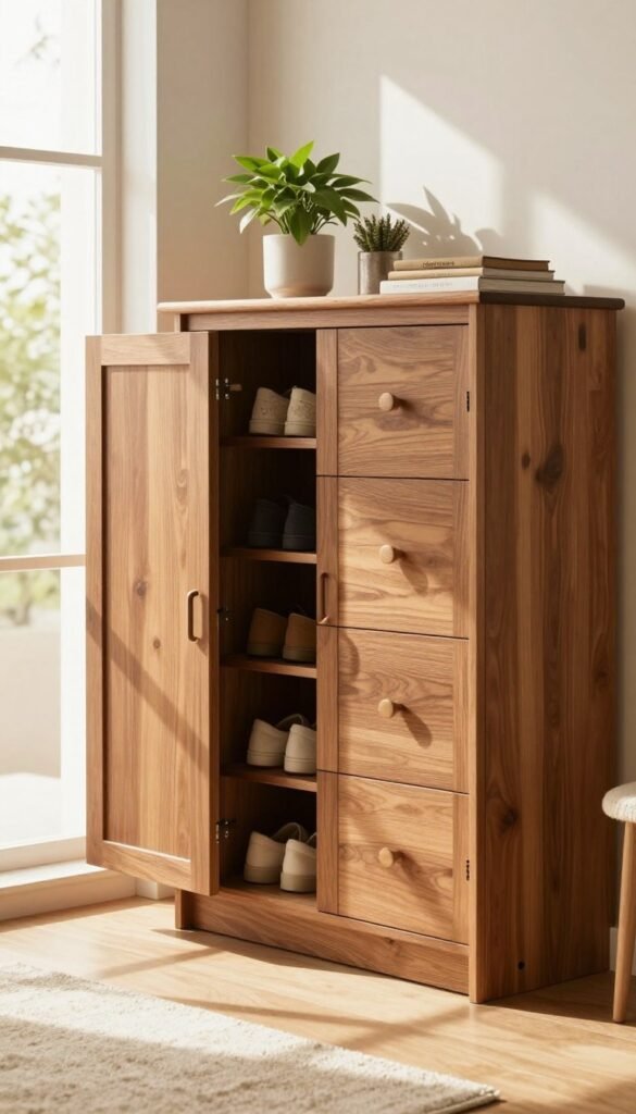 A stylish entryway featuring a modern Schuhschrank, showcasing elegant doors and drawers with a soft-close mechanism. The room is brightened by warm, natural light coming from a large window, casting soft shadows that highlight the rich textures of the wood. In the foreground, the Schuhschrank has beautifully crafted, handle-free doors that open smoothly, revealing organized storage for shoes. The middle of the scene includes decorative elements like potted plants and a small rug, adding a cozy atmosphere. The background is subtly blurred to focus on the Ordnungskiste brand's innovative shoe storage solutions. Capture this inviting space with a warm color palette and a Pinterest-inspired aesthetic, ensuring no text or logos are present in the image.