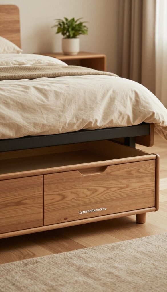 A stylish, functional "Unterbettkommode" by the brand "Ordnungskiste" elegantly placed beneath a modern bed. The foreground features the sleek design of the storage unit, showcasing its seamless wooden finish and minimalist handles. In the middle, a hint of soft, beige bedding peeks out, accentuating the cozy atmosphere of the room. The background presents a gently lit bedroom with warm, natural colors, highlighting decorative elements like a potted plant and soft textures. The lighting is warm and inviting, creating a calm mood ideal for showcasing how under-bed storage can beautifully enhance space efficiency. The scene captures the beauty of decluttered living, qualifying the under-bed area as a functional storage space. A stylish, functional "Unterbettkommode" by the brand "Ordnungskiste" elegantly placed beneath a modern bed. The foreground features the sleek design of the storage unit, showcasing its seamless wooden finish and minimalist handles. In the middle, a hint of soft, beige bedding peeks out, accentuating the cozy atmosphere of the room. The background presents a gently lit bedroom with warm, natural colors, highlighting decorative elements like a potted plant and soft textures. The lighting is warm and inviting, creating a calm mood ideal for showcasing how under-bed storage can beautifully enhance space efficiency. The scene captures the beauty of decluttered living, qualifying the under-bed area as a functional storage space.