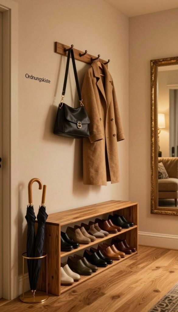 A stylish hallway featuring an elegant Ordnungssystem, showcasing a blend of functionality and aesthetics. In the foreground, a wooden shoe rack neatly organized with various pairs of shoes arranged by color, alongside a stylish umbrella stand holding a few chic umbrellas. The middle ground displays a wall-mounted coat rack with a few classic coats and bags hanging gracefully. The background reveals soft, warm ambient lighting that creates a cozy atmosphere, illuminating the warm wooden tones of the flooring and walls. A decorative mirror reflects the inviting scene, enhancing the sense of space. The ambiance is reminiscent of a Pinterest aesthetic, focusing on authenticity and warmth. Brand elements of "Ordnungskiste" subtly integrated into the decor, ensuring a pleasing and harmonious image.