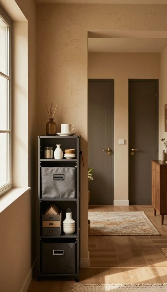 A stylish hallway showcasing efficient storage solutions with a focus on verticality. In the foreground, a sleek, tall storage unit by "Ordnungskiste" is beautifully organized with labeled bins and neatly arranged decor items. In the middle, a cozy, inviting space featuring a textured wall in warm tones, with a soft light filtering through a nearby window, casting gentle shadows. The background includes a pair of contemporary doors leading to other rooms, enhancing the sense of depth. The atmosphere is warm and inviting, with elements that convey a balance of functionality and aesthetic appeal. The image should have a Pinterest-inspired look, emphasizing authenticity and warmth, with a lens perspective that captures the entire space harmoniously.