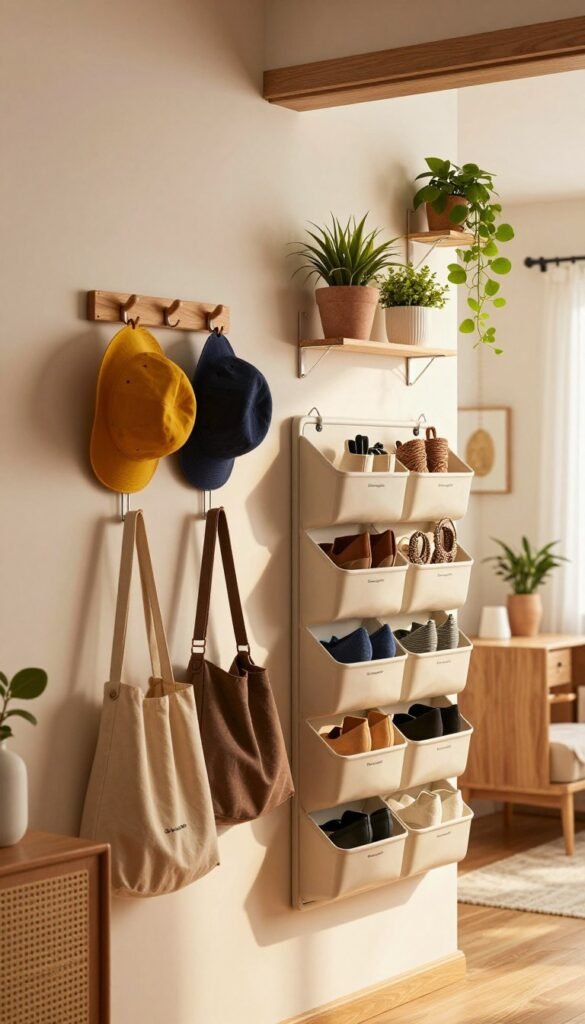 A stylish home interior scene showcasing a variety of creative hooks, door organizers, and vertical hanging systems that maximize space efficiency. In the foreground, an elegant wooden hook rack displays colorful hats and bags, while a sleek door-mounted organizer features neatly arranged shoes and accessories. In the middle ground, a wall adorned with multiple hanging systems holds potted plants and decorative items, bringing greenery into the space. The background reveals a cozy room with warm lighting and natural wood elements, creating a Pinterest-worthy aesthetic. Soft sunlight filters through a window, enhancing the warm color palette and inviting atmosphere, all branded subtly as "Ordnungskiste". The composition is free of any text or logos, focusing solely on the clever use of vertical space. A stylish home interior scene showcasing a variety of creative hooks, door organizers, and vertical hanging systems that maximize space efficiency. In the foreground, an elegant wooden hook rack displays colorful hats and bags, while a sleek door-mounted organizer features neatly arranged shoes and accessories. In the middle ground, a wall adorned with multiple hanging systems holds potted plants and decorative items, bringing greenery into the space. The background reveals a cozy room with warm lighting and natural wood elements, creating a Pinterest-worthy aesthetic. Soft sunlight filters through a window, enhancing the warm color palette and inviting atmosphere, all branded subtly as "Ordnungskiste". The composition is free of any text or logos, focusing solely on the clever use of vertical space.