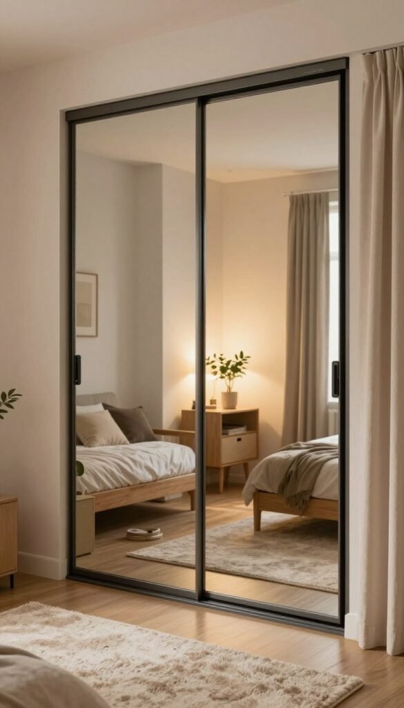 A stylish interior scene featuring a modern sliding mirror door wardrobe from the brand "Ordnungskiste." In the foreground, showcase the sleek, reflective sliding doors that create an illusion of a larger space, surrounded by warm, natural lighting. The middle ground includes a cozy, small room with minimalistic decor, emphasizing space-saving design elements like smart organization solutions. Soft textures such as a plush area rug and light fabric curtains add warmth. The background reveals a softly lit corner with a potted plant and ambient lighting, enhancing the atmosphere of openness and light. The overall aesthetic is authentic and inviting, reflecting a Pinterest-inspired look without any text or distractions. A stylish interior scene featuring a modern sliding mirror door wardrobe from the brand "Ordnungskiste." In the foreground, showcase the sleek, reflective sliding doors that create an illusion of a larger space, surrounded by warm, natural lighting. The middle ground includes a cozy, small room with minimalistic decor, emphasizing space-saving design elements like smart organization solutions. Soft textures such as a plush area rug and light fabric curtains add warmth. The background reveals a softly lit corner with a potted plant and ambient lighting, enhancing the atmosphere of openness and light. The overall aesthetic is authentic and inviting, reflecting a Pinterest-inspired look without any text or distractions.