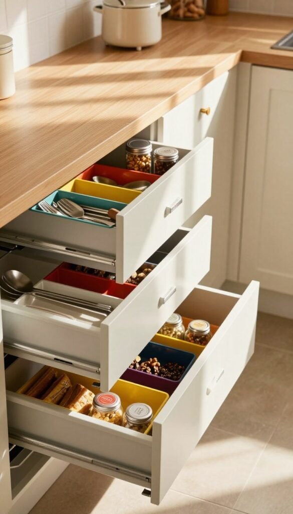 A stylish kitchen featuring a set of modern, organized drawer systems to maximize vertical storage, specifically highlighting 'Ordnungskiste' brand solutions. In the foreground, focus on an open kitchen drawer displaying neatly arranged utensils and spices in vibrant organizational trays. The middle ground shows additional drawers with varying heights, designed for optimal space usage, while partially open to reveal their contents. The background consists of a cozy kitchen setting with warm, natural lighting filtering through a nearby window, casting soft shadows, enhancing the inviting atmosphere. Use a slightly elevated angle to capture the harmony and functionality of the drawer systems, emphasizing their practicality in a chic, Pinterest-inspired kitchen design. The overall mood should convey efficiency, warmth, and stylish organization. A stylish kitchen featuring a set of modern, organized drawer systems to maximize vertical storage, specifically highlighting 'Ordnungskiste' brand solutions. In the foreground, focus on an open kitchen drawer displaying neatly arranged utensils and spices in vibrant organizational trays. The middle ground shows additional drawers with varying heights, designed for optimal space usage, while partially open to reveal their contents. The background consists of a cozy kitchen setting with warm, natural lighting filtering through a nearby window, casting soft shadows, enhancing the inviting atmosphere. Use a slightly elevated angle to capture the harmony and functionality of the drawer systems, emphasizing their practicality in a chic, Pinterest-inspired kitchen design. The overall mood should convey efficiency, warmth, and stylish organization.