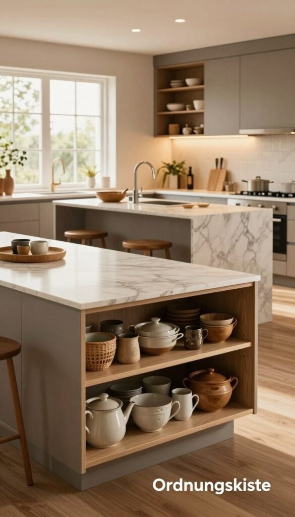 A stylish kitchen interior showcasing three distinct budget sections: low, mid, and high, designed without drawer storage. In the foreground, there’s a sleek, low-cost storage solution labeled "Ordnungskiste" that features open shelves filled with rustic kitchenware. The middle area highlights a mid-range solution, including an elegant island and modern fixtures, all with warm, inviting lighting. In the background, a high-end setup exhibits luxurious materials and finishes, such as marble countertops and custom cabinetry. Natural light floods the room through large windows, accentuating the cozy atmosphere. The overall mood is warm and inviting, with a Pinterest-inspired aesthetic that feels both authentic and achievable.