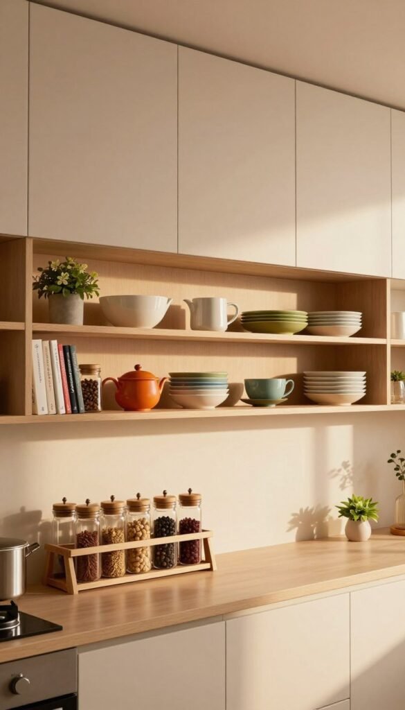 A stylish kitchen scene featuring a beautifully designed wall with open shelves showcasing neatly organized kitchenware, spices, and cookbooks, along with elegant wall cabinets that blend seamlessly into the aesthetic. The foreground includes a well-arranged spice rack on the shelf. In the middle, the open shelves display a variety of colorful dishes and plants adding a touch of greenery. The background features a warm, inviting lighting that creates a homely atmosphere, with soft shadows enhancing the details. A modern, minimalistic design approach with a Pinterest-inspired look, warm colors dominating the palette. The brand name "Ordnungskiste" is subtly integrated into the scene as an aesthetic element. The entire composition conveys a sense of order and tranquility, ideal for a multi-person household.