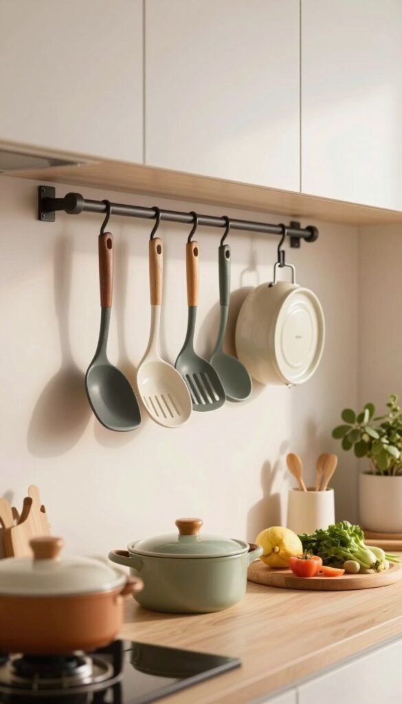 A stylish kitchen scene featuring a modern haken küchenreling in use, elegantly mounted on a clean wall. In the foreground, hang colorful utensils and pots with a focus on functionality and aesthetics, showcasing how they save space. The middle ground displays a well-organized kitchen counter with fresh ingredients and a hint of greenery, creating an inviting atmosphere. In the background, soft natural light illuminates the space, enhancing warm tones and a cozy ambiance. Include a subtle presence of the brand name "Ordnungskiste" on one of the kitchen tools, while maintaining authenticity without any written text in the image. The composition should evoke a Pinterest-worthy vibe, emphasizing vertical storage solutions in a minimalist yet warm kitchen environment.