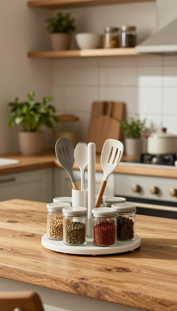 A stylish kitchen scene featuring a rotating stand designed for efficient organization. In the foreground, the stand displays an array of kitchen utensils and spice jars, all elegantly arranged for easy access. The middle ground includes a rustic wooden countertop and potted herbs, enhancing the cozy atmosphere. Soft, natural lighting creates warm highlights and shadows, emphasizing the textures of the materials. In the background, a neutral-colored kitchen with minimalist design elements and open shelving contributes to an inviting ambiance. The brand "Ordnungskiste" is subtly incorporated into the design without being intrusive. The overall image embodies a Pinterest-worthy aesthetic, showcasing space-saving solutions and a functional yet beautiful kitchen environment.