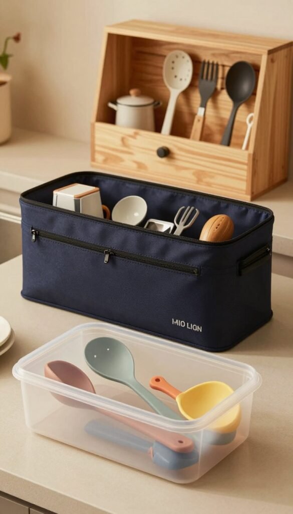 A stylish kitchen scene featuring three distinct storage boxes categorized by price levels: low, mid, and high. In the foreground, showcase the low-priced box made of simple, sturdy plastic, with a clear lid, filled with colorful kitchen utensils. In the middle ground, present a sleek, mid-range box crafted from durable fabric, elegantly arranged with kitchen gadgets. In the background, highlight a premium wooden box with a natural finish, beautifully displaying gourmet cooking tools. Use warm, inviting lighting to create a cozy atmosphere, with soft shadows enhancing the textures. The composition captures a harmonious blend of practicality and aesthetics, emphasizing the differences in quality and design, all presented in a Pinterest-worthy style without any text or distractions. A stylish kitchen scene featuring three distinct storage boxes categorized by price levels: low, mid, and high. In the foreground, showcase the low-priced box made of simple, sturdy plastic, with a clear lid, filled with colorful kitchen utensils. In the middle ground, present a sleek, mid-range box crafted from durable fabric, elegantly arranged with kitchen gadgets. In the background, highlight a premium wooden box with a natural finish, beautifully displaying gourmet cooking tools. Use warm, inviting lighting to create a cozy atmosphere, with soft shadows enhancing the textures. The composition captures a harmonious blend of practicality and aesthetics, emphasizing the differences in quality and design, all presented in a Pinterest-worthy style without any text or distractions.