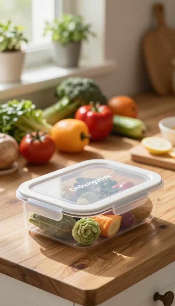 A stylish kitchen storage box with a clear lid, prominently featuring the brand name "Ordnungskiste," rests on a rustic wooden countertop. In the foreground, focus on the box's detailed lid, showcasing its secure seal and innovative design to ensure freshness. The middle ground includes an array of colorful, fresh vegetables and fruits, hinting at what the box can preserve. Soft, natural light filters in from a nearby window, casting gentle shadows that enhance the warm colors of the scene. The background should be softly blurred, suggesting a cozy kitchen ambiance with subtle hints of herbs in pots. Overall, the mood is inviting and homey, perfect for illustrating effective kitchen storage solutions.