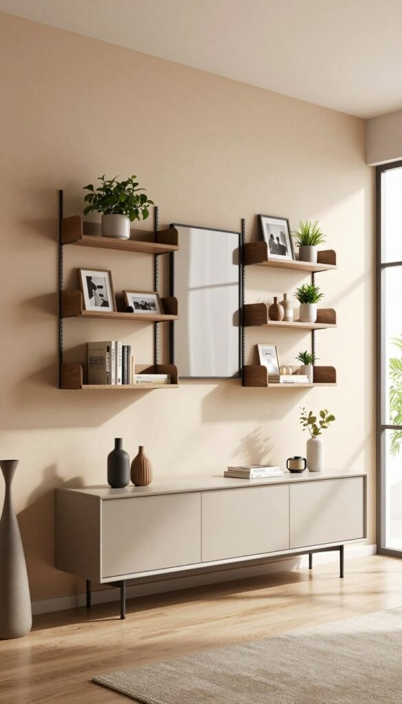 A stylish living room featuring an elegant wall-mounted storage solution by Ordnungskiste. In the foreground, a modern floating sideboard with decorative items and a few books, exuding minimalism. The middle ground showcases well-organized wall shelves adorned with plants, photos, and contemporary decor, creating a sophisticated atmosphere. The background reveals a soft, warm-colored wall, enhancing the warmth of the setting, while natural light filters through a large window, casting gentle shadows. The scene is captured from a slightly elevated angle, emphasizing the spaciousness and airiness of the room. Overall, the mood is inviting and organized, perfect for any modern living space. A stylish living room featuring an elegant wall-mounted storage solution by Ordnungskiste. In the foreground, a modern floating sideboard with decorative items and a few books, exuding minimalism. The middle ground showcases well-organized wall shelves adorned with plants, photos, and contemporary decor, creating a sophisticated atmosphere. The background reveals a soft, warm-colored wall, enhancing the warmth of the setting, while natural light filters through a large window, casting gentle shadows. The scene is captured from a slightly elevated angle, emphasizing the spaciousness and airiness of the room. Overall, the mood is inviting and organized, perfect for any modern living space.