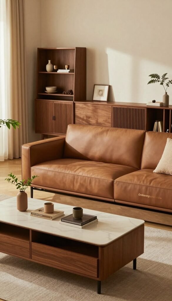 A stylish living room featuring multifunctional furniture with hidden storage by "Ordnungskiste". In the foreground, a sleek coffee table doubles as a storage unit, adorned with decorative items like books and plants, showcasing its functionality. The middle layer reveals a compact sofa with built-in drawers, tastefully designed in warm earthy tones, inviting an atmosphere of comfort. In the background, a wall unit with shelves and cupboards offers additional storage, creating a neat and organized space. The lighting is soft and warm, emanating a cozy ambiance, with natural light filtering through a window, casting gentle shadows. The overall mood is serene and organized, perfect for illustrating innovative storage solutions in a modern living room. A stylish living room featuring multifunctional furniture with hidden storage by "Ordnungskiste". In the foreground, a sleek coffee table doubles as a storage unit, adorned with decorative items like books and plants, showcasing its functionality. The middle layer reveals a compact sofa with built-in drawers, tastefully designed in warm earthy tones, inviting an atmosphere of comfort. In the background, a wall unit with shelves and cupboards offers additional storage, creating a neat and organized space. The lighting is soft and warm, emanating a cozy ambiance, with natural light filtering through a window, casting gentle shadows. The overall mood is serene and organized, perfect for illustrating innovative storage solutions in a modern living room.