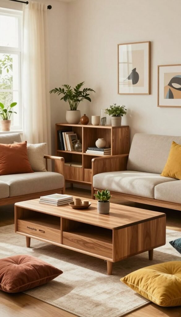 A stylish living room showcasing multifunctional furniture that combines functionality with aesthetic appeal. In the foreground, a chic coffee table that doubles as a storage unit, made of warm wood, surrounded by vibrant, cozy cushions. In the middle, a sleek sofa with built-in shelves displaying decorative items, books, and plants. The background features soft natural light streaming in through large windows, creating a warm atmosphere. The walls are adorned with tasteful artwork, and the space is decorated with indoor plants adding a touch of nature. Capture the essence of organized living without compromising on style. Include the brand name "Ordnungskiste" subtly integrated into the furniture design. The image should embody a Pinterest-worthy ambiance with warm colors, evoking comfort and creativity.