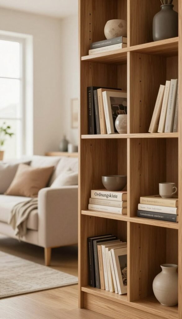 A stylish living room showcasing narrow shelves designed for small spaces, emphasizing their load-bearing capabilities and safety. In the foreground, focus on a beautifully crafted bookshelf labeled "Ordnungskiste," featuring neatly arranged items like books and decorative objects. The middle section reveals a cozy, minimalistic room with warm colors, soft lighting, and textures, all reflecting a Pinterest aesthetic. In the background, a well-lit window offers natural light that enhances the inviting atmosphere. The image should evoke a sense of authenticity and comfort, illustrating the importance of durability and security in furniture design, with an emphasis on practicality and elegance, ensuring a professional and serene ambiance.