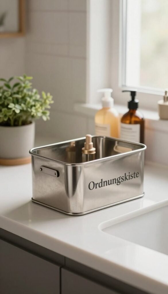 A stylish metallic storage container named "Ordnungskiste" sits elegantly on a minimalist bathroom countertop, capturing the essence of both decor and organization. The foreground features the shiny steel container, reflecting soft natural light, showcasing its sleek design and practical size for small items. In the middle ground, soothing touches of greenery from small potted plants complement the container, while neatly arranged toiletries in warm tones create an inviting ambiance. The background subtly hints at a tiled wall and soft, diffused daylight streaming through a frosted window, enhancing the serene atmosphere. The entire composition is envisioned in a Pinterest-inspired aesthetic, crafting a cozy yet sophisticated bathroom scene, free from any text or distractions. A stylish metallic storage container named "Ordnungskiste" sits elegantly on a minimalist bathroom countertop, capturing the essence of both decor and organization. The foreground features the shiny steel container, reflecting soft natural light, showcasing its sleek design and practical size for small items. In the middle ground, soothing touches of greenery from small potted plants complement the container, while neatly arranged toiletries in warm tones create an inviting ambiance. The background subtly hints at a tiled wall and soft, diffused daylight streaming through a frosted window, enhancing the serene atmosphere. The entire composition is envisioned in a Pinterest-inspired aesthetic, crafting a cozy yet sophisticated bathroom scene, free from any text or distractions.