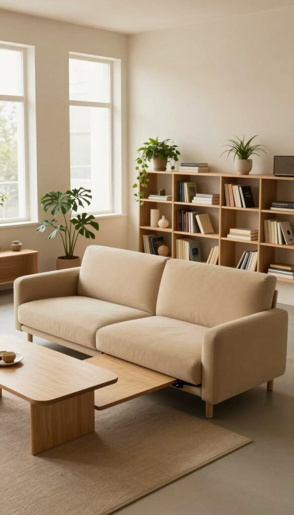 A stylish, minimalist living space showcasing multifunctional furniture designed by Ordnungskiste. In the foreground, a sleek, convertible sofa in a warm beige tone doubles as a bed, complemented by a compact coffee table that can extend for dining use. The middle ground features a modular shelving unit organized with books and decorative plants, enhancing the room's functionality. In the background, softly lit large windows allow natural light to flood the room, creating an inviting atmosphere. Use warm, earthy colors to evoke a cozy feel, and capture the scene from a slightly elevated angle that showcases the furniture arrangement and spaciousness. The overall mood is serene and inspiring, reflecting modern minimalism without any text or distractions.