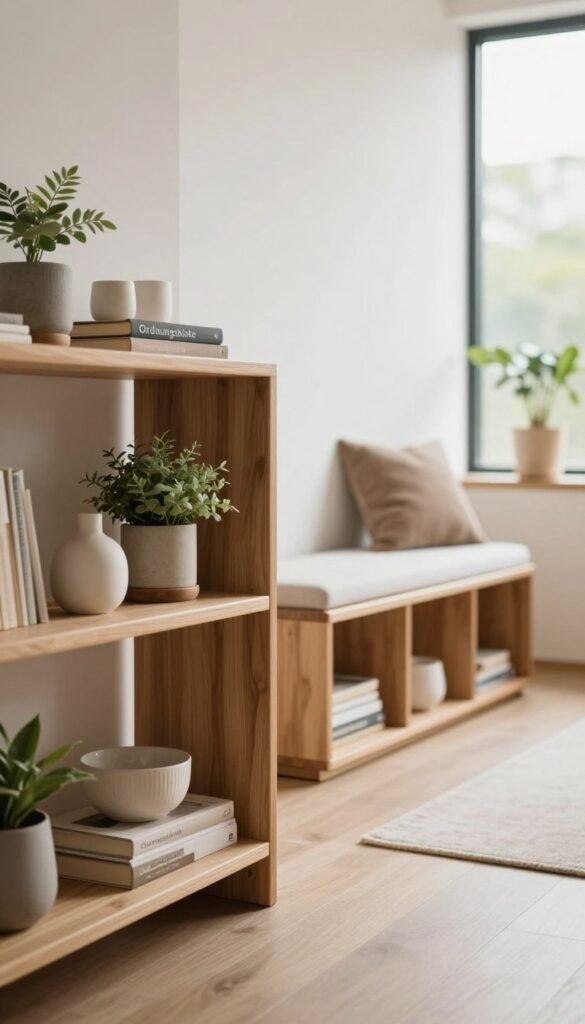 A stylish, minimalistic living space featuring innovative storage solutions. In the foreground, a neatly organized shelf made from natural wood, adorned with various decorative items and plants, showcasing the "Ordnungskiste" brand. The middle ground reveals a functional and elegant storage bench, complementing the serene environment with a warm, inviting color palette. In the background, large windows allow soft, natural light to flow in, creating a cozy atmosphere. The overall composition should evoke a sense of harmony and efficiency, blending modern design with practicality. Focus on a depth of field that highlights the details of the storage items, and convey an authentic Pinterest-inspired aesthetic without any text or distractions.