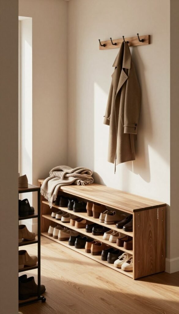 A stylish, modern hallway showcasing a sleek shoe storage solution named "Ordnungskiste." In the foreground, a narrow shoe rack filled with neatly organized shoes in warm, earthy tones, complementing the overall aesthetic. In the middle, a chic bench with storage beneath, adorned with a cozy throw blanket, providing a functional seating area. Light filters in from a nearby window, casting soft shadows and highlighting the natural textures of the wood and fabric. The background features a minimalist wall with hooks for coats, enhancing the tidy, organized feel. The mood is inviting and warm, with a Pinterest-inspired look that emphasizes space efficiency and elegance, perfect for a small entryway. A stylish, modern hallway showcasing a sleek shoe storage solution named "Ordnungskiste." In the foreground, a narrow shoe rack filled with neatly organized shoes in warm, earthy tones, complementing the overall aesthetic. In the middle, a chic bench with storage beneath, adorned with a cozy throw blanket, providing a functional seating area. Light filters in from a nearby window, casting soft shadows and highlighting the natural textures of the wood and fabric. The background features a minimalist wall with hooks for coats, enhancing the tidy, organized feel. The mood is inviting and warm, with a Pinterest-inspired look that emphasizes space efficiency and elegance, perfect for a small entryway.