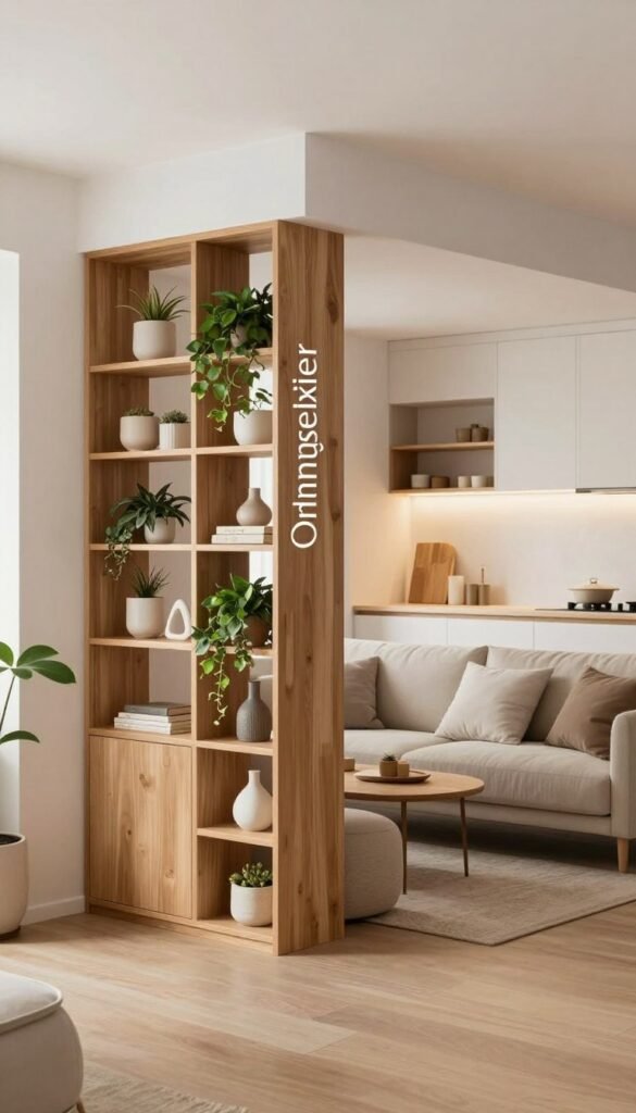 A stylish, modern interior showcasing a multifunctional "raumteiler" that seamlessly divides a small living space. In the foreground, a beautifully crafted wooden partition featuring integrated shelves filled with plants and decorative items. The middle ground features a cozy seating area with a minimalist sofa adorned with cushions, and a small coffee table. In the background, a well-lit kitchen nook with warm, natural lighting, enhancing the inviting atmosphere. The color palette consists of soft earth tones and warm whites, creating a serene mood. Inspired by the brand "Ordnungskiste," the design emphasizes simple elegance and clever use of space without clutter. The image captures a Pinterest-worthy aesthetic, reflecting a harmonious balance between functionality and comfort, while avoiding any text, watermarks, or signatures. A stylish, modern interior showcasing a multifunctional "raumteiler" that seamlessly divides a small living space. In the foreground, a beautifully crafted wooden partition featuring integrated shelves filled with plants and decorative items. The middle ground features a cozy seating area with a minimalist sofa adorned with cushions, and a small coffee table. In the background, a well-lit kitchen nook with warm, natural lighting, enhancing the inviting atmosphere. The color palette consists of soft earth tones and warm whites, creating a serene mood. Inspired by the brand "Ordnungskiste," the design emphasizes simple elegance and clever use of space without clutter. The image captures a Pinterest-worthy aesthetic, reflecting a harmonious balance between functionality and comfort, while avoiding any text, watermarks, or signatures.