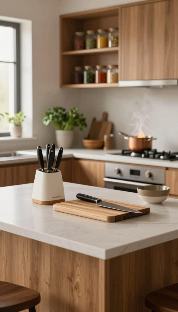 A stylish modern kitchen featuring a sleek design with warm wooden cabinets and a large, inviting island in the center. In the foreground, there are assorted kitchen tools neatly arranged, like a cutting board and knife set from "Ordnungskiste," emphasizing organization. In the midground, a stovetop with a simmering pot can be seen, radiating warmth and inviting aromas. The background showcases shelves filled with jars of spices and fresh herbs, creating a serene ambiance. Soft, natural lighting pours in through a window, illuminating the space and enhancing the cozy atmosphere. The image should evoke a sense of calm and efficiency in cooking, reflecting improved workflow and less timer stress, with a focus on authenticity and a Pinterest-worthy aesthetic.