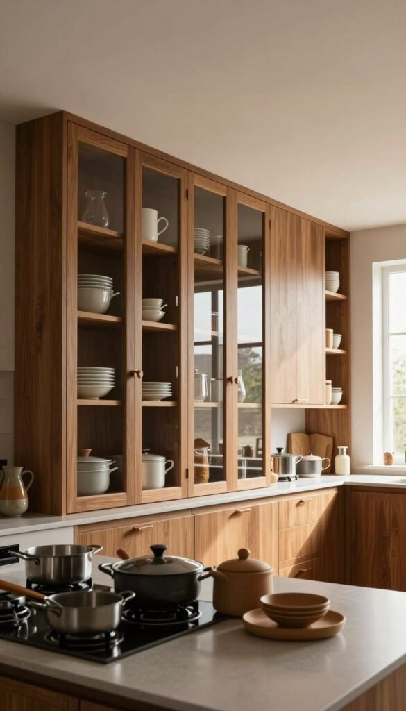 A stylish, modern kitchen featuring ceiling-height wall cabinets from the brand "Ordnungskiste". The foreground showcases carefully arranged cookware and decorative items on a sleek countertop, inviting a sense of organization and elegance. In the middle, the impressive wall cabinets stretch up to the ceiling, showcasing their spacious design with glass and wooden doors, filled with neatly organized kitchenware. The background reveals a bright and airy space with a large window allowing natural light to flood the room, casting warm tones across the surfaces. The atmosphere is cozy and welcoming, enhanced by soft, diffused lighting that highlights the rich textures of the cabinetry. The overall mood reflects a blend of functionality and aesthetics, embodying the perfect storage solution for small kitchens. A stylish, modern kitchen featuring ceiling-height wall cabinets from the brand "Ordnungskiste". The foreground showcases carefully arranged cookware and decorative items on a sleek countertop, inviting a sense of organization and elegance. In the middle, the impressive wall cabinets stretch up to the ceiling, showcasing their spacious design with glass and wooden doors, filled with neatly organized kitchenware. The background reveals a bright and airy space with a large window allowing natural light to flood the room, casting warm tones across the surfaces. The atmosphere is cozy and welcoming, enhanced by soft, diffused lighting that highlights the rich textures of the cabinetry. The overall mood reflects a blend of functionality and aesthetics, embodying the perfect storage solution for small kitchens.