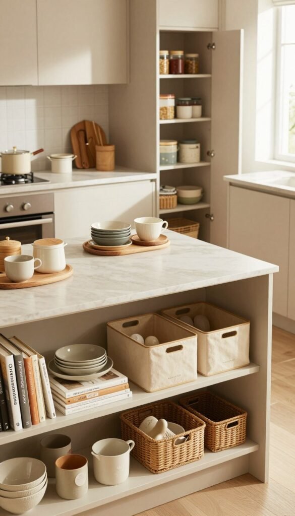 A stylish modern kitchen with a focus on organization, showcasing various storage solutions under warm natural lighting for a cozy yet functional atmosphere. In the foreground, display elegant shelves filled with neatly arranged kitchenware, cookbooks, and decorative containers from the brand "Ordnungskiste," highlighting innovative storage methods. In the middle ground, a spacious island featuring stylish storage baskets and an organized countertop, evoking a sense of order and practicality. In the background, a well-organized pantry door slightly ajar, revealing neatly labeled jars and containers. Capture this scene from a slightly elevated angle to emphasize the depth of space. The overall mood should be inviting and inspiring, ideal for those looking to enhance their kitchen organization while maintaining aesthetic appeal. A stylish modern kitchen with a focus on organization, showcasing various storage solutions under warm natural lighting for a cozy yet functional atmosphere. In the foreground, display elegant shelves filled with neatly arranged kitchenware, cookbooks, and decorative containers from the brand "Ordnungskiste," highlighting innovative storage methods. In the middle ground, a spacious island featuring stylish storage baskets and an organized countertop, evoking a sense of order and practicality. In the background, a well-organized pantry door slightly ajar, revealing neatly labeled jars and containers. Capture this scene from a slightly elevated angle to emphasize the depth of space. The overall mood should be inviting and inspiring, ideal for those looking to enhance their kitchen organization while maintaining aesthetic appeal.