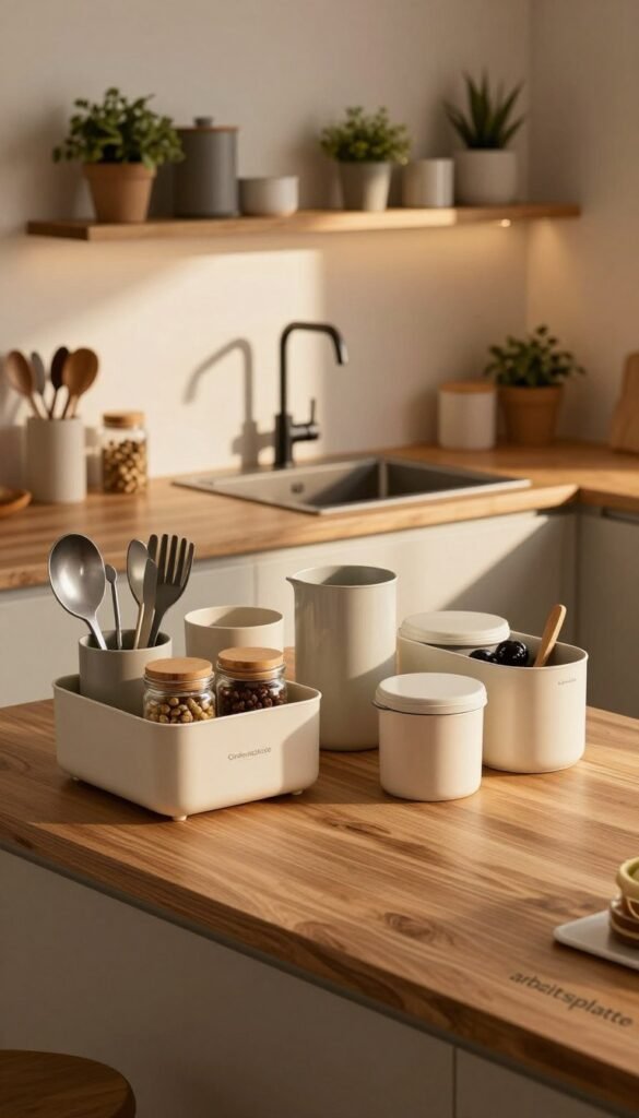 A stylish modern kitchen workspace featuring a sleek, practical "arbeitsplatte" with a warm wood finish. In the foreground, a beautifully organized countertop showcasing the "Ordnungskiste" brand storage solutions, including visually appealing containers for utensils and spices. In the middle ground, a contemporary sink area complemented by attractive wall-mounted shelves holding decorative plants and containers for easy access. The background reveals a cozy kitchen ambiance with soft, warm lighting that enhances the inviting atmosphere, casting gentle shadows across the surfaces. The camera angle offers a slightly elevated view, capturing the harmonious blend of functionality and aesthetics, simulating a Pinterest-worthy scene of a well-organized culinary space.