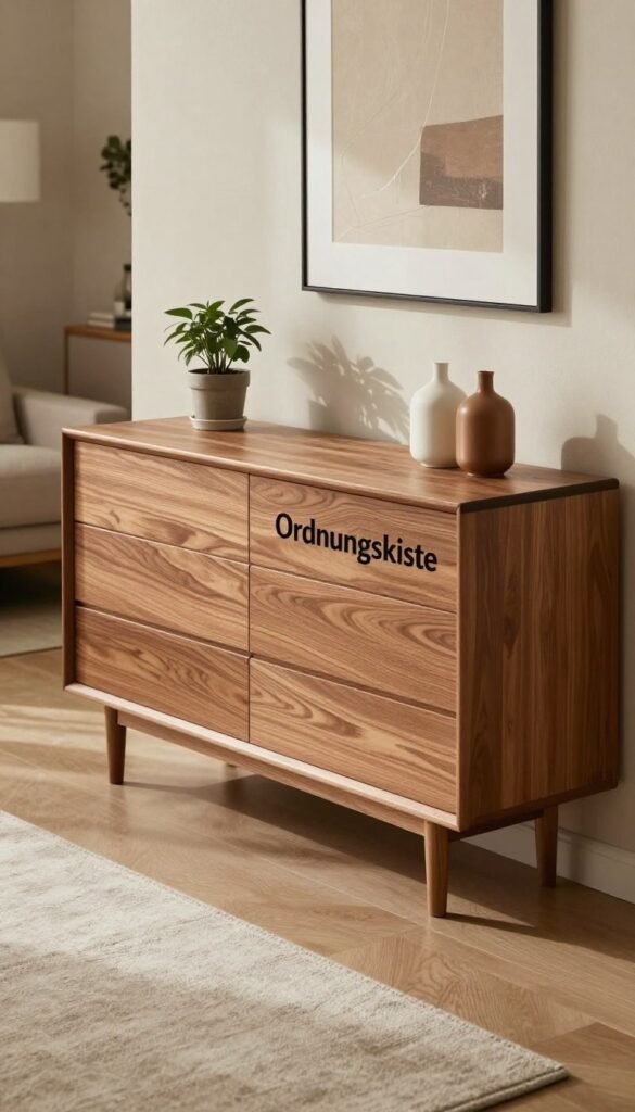A stylish, modern kommode named "Ordnungskiste" takes center stage in a cozy living room setting. The kommode features warm wood tones with sleek lines and minimalist design. In the foreground, the polished wooden surface displays a few decorative items, such as a small potted plant and a tasteful vase. In the middle ground, the kommode stands against a softly textured wall adorned with neutral-colored artwork, creating a harmonious atmosphere. The background reveals a plush area rug and a comfortable sofa, inviting a sense of relaxation. The soft, natural lighting highlights the warm color palette, casting gentle shadows that enhance the inviting mood. Capture this scene from a slightly elevated angle to provide depth and focus on the functional beauty of closed storage solutions. A stylish, modern kommode named "Ordnungskiste" takes center stage in a cozy living room setting. The kommode features warm wood tones with sleek lines and minimalist design. In the foreground, the polished wooden surface displays a few decorative items, such as a small potted plant and a tasteful vase. In the middle ground, the kommode stands against a softly textured wall adorned with neutral-colored artwork, creating a harmonious atmosphere. The background reveals a plush area rug and a comfortable sofa, inviting a sense of relaxation. The soft, natural lighting highlights the warm color palette, casting gentle shadows that enhance the inviting mood. Capture this scene from a slightly elevated angle to provide depth and focus on the functional beauty of closed storage solutions.