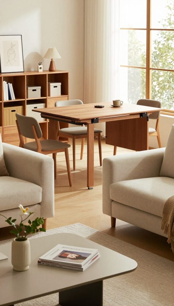 A stylish, modern living room featuring multifunctional furniture pieces designed to save space, like a foldable dining table and a convertible sofa. In the foreground, a sleek, compact coffee table displays magazines and a decorative plant, showcasing the brand "Ordnungskiste". The middle ground includes an elegant, expandable dining table set for two, demonstrating versatility, alongside a stylish bookshelf with neatly organized storage boxes. The background features large windows allowing warm, natural light to filter in, creating a cozy and inviting atmosphere. The color palette consists of soft earth tones, emphasizing warmth and authenticity, with a Pinterest-worthy aesthetic. The scene captures a sense of calm and efficiency, perfect for small living spaces, and is devoid of any text or branding overlays. A stylish, modern living room featuring multifunctional furniture pieces designed to save space, like a foldable dining table and a convertible sofa. In the foreground, a sleek, compact coffee table displays magazines and a decorative plant, showcasing the brand "Ordnungskiste". The middle ground includes an elegant, expandable dining table set for two, demonstrating versatility, alongside a stylish bookshelf with neatly organized storage boxes. The background features large windows allowing warm, natural light to filter in, creating a cozy and inviting atmosphere. The color palette consists of soft earth tones, emphasizing warmth and authenticity, with a Pinterest-worthy aesthetic. The scene captures a sense of calm and efficiency, perfect for small living spaces, and is devoid of any text or branding overlays.