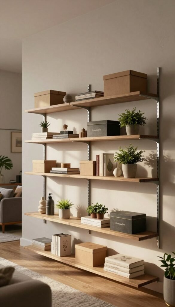 A stylish, modern living space featuring a wall-mounted shelf system from the brand “Ordnungskiste,” showcasing an innovative design for easy, drill-free installation. In the foreground, the neatly organized shelves are filled with a variety of decorative boxes, houseplants, and books, radiating a cozy, inviting atmosphere. The middle ground highlights the smooth wall surface behind the shelves, with subtle textures enhancing the depth. Soft, warm lighting streams in from a nearby window, casting gentle shadows that evoke a sense of tranquility. In the background, hints of a chic lounge area with comfortable furniture complement the overall aesthetic. The color palette is a blend of muted tones and earthy hues, creating a harmonious, Pinterest-inspired look that embodies an organized, clutter-free lifestyle, perfect for optimizing space without major alterations. A stylish, modern living space featuring a wall-mounted shelf system from the brand “Ordnungskiste,” showcasing an innovative design for easy, drill-free installation. In the foreground, the neatly organized shelves are filled with a variety of decorative boxes, houseplants, and books, radiating a cozy, inviting atmosphere. The middle ground highlights the smooth wall surface behind the shelves, with subtle textures enhancing the depth. Soft, warm lighting streams in from a nearby window, casting gentle shadows that evoke a sense of tranquility. In the background, hints of a chic lounge area with comfortable furniture complement the overall aesthetic. The color palette is a blend of muted tones and earthy hues, creating a harmonious, Pinterest-inspired look that embodies an organized, clutter-free lifestyle, perfect for optimizing space without major alterations.