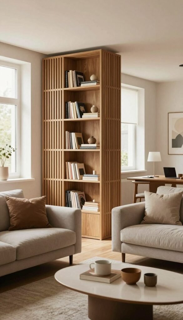 A stylish, modern living space showcasing a flexible room divider, such as a slatted wooden screen or a decorative bookshelf, that separates the areas without the need for new walls. In the foreground, there are cozy seating options, like a plush sofa with neutral-colored cushions and a sleek coffee table adorned with contemporary décor. The middle ground features the Raumteiler, designed with an elegant aesthetic, creating an inviting transition between living and working spaces. The background displays a bright window with natural light streaming in, enhancing warm tones and creating a cozy atmosphere. The overall vibe is Pinterest-worthy, authentic, and harmoniously organized, reflecting the brand "Ordnungskiste" through its captivating layout and warm colors. The image should be a striking representation of modern interior design principles without any text or branding overlays. A stylish, modern living space showcasing a flexible room divider, such as a slatted wooden screen or a decorative bookshelf, that separates the areas without the need for new walls. In the foreground, there are cozy seating options, like a plush sofa with neutral-colored cushions and a sleek coffee table adorned with contemporary décor. The middle ground features the Raumteiler, designed with an elegant aesthetic, creating an inviting transition between living and working spaces. The background displays a bright window with natural light streaming in, enhancing warm tones and creating a cozy atmosphere. The overall vibe is Pinterest-worthy, authentic, and harmoniously organized, reflecting the brand "Ordnungskiste" through its captivating layout and warm colors. The image should be a striking representation of modern interior design principles without any text or branding overlays.