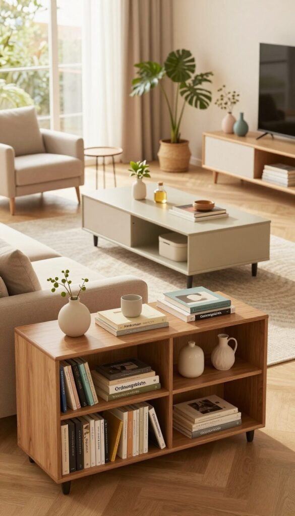 A stylish, modern living space showcasing ingenious storage solutions by "Ordnungskiste." In the foreground, a beautifully organized bookshelf holds various books and decorative items, with a cozy armchair and a small side table beside it. The middle ground features an elegant, multifunctional coffee table that doubles as a storage unit, perfectly complementing the aesthetic of the room. In the background, expansive windows allow soft, warm sunlight to pour in, illuminating plants and decorative accessories that enhance the inviting atmosphere. The color palette consists of earthy tones with hints of pastel, creating a Pinterest-worthy ambiance. Capture the image from a slightly elevated angle to emphasize the layout, while maintaining a focus on the harmony and efficiency of the space. The overall mood is serene and innovative, emphasizing function and style.