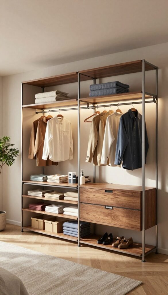 A stylish, modern "teleskop gardrobe" system designed for niches, tailored to fit wide spaces with high ceilings. The image features a sleek, sturdy frame made of polished metal and wood accents, displaying neatly arranged clothing and accessories in harmonious colors. In the foreground, soft, ambient lighting illuminates the wardrobe, casting gentle shadows and creating a warm, inviting atmosphere. The middle ground reveals the garment organization system, with well-folded clothes and hanging garments, showcasing its functionality. In the background, a cozy, minimalist room decorated with indoor plants and natural textures enhances the overall ambiance. The image reflects the essence of modern organization and simplicity. Include the brand name "Ordnungskiste" subtly within the design, but without any text overlays or distractions.