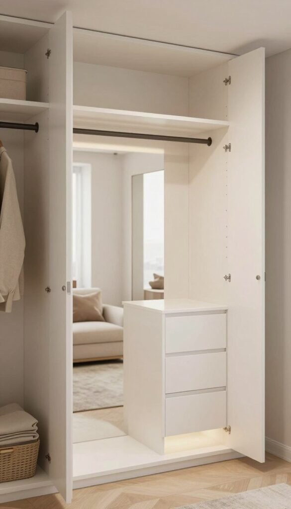 A stylish, modern wardrobe design featuring the brand "Ordnungskiste", seamlessly integrating into a small room. The foreground showcases a neatly organized, minimalist closet with white cabinetry and soft, natural lighting that highlights the warm tones. In the middle ground, a cozy seating area with beige accents complements the bright, airy space. The background reveals a well-dimensioned mirror that visually expands the room, reflecting soft, ambient light. The overall atmosphere radiates tranquility and sophistication, with a Pinterest-inspired aesthetic evoking comfort and functionality. Emphasize an authentic, welcoming environment, ideal for a small living space, while maintaining clarity and focus on the wardrobe design.
