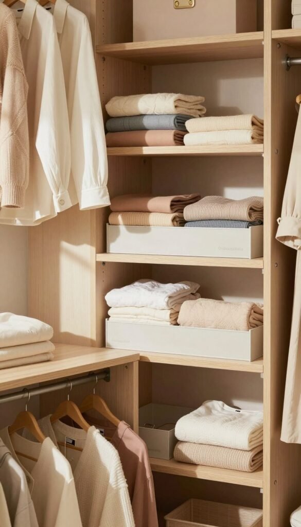 A stylish, modern wardrobe organized meticulously, showcasing various compartments neatly filled with folded clothes and accessories. In the foreground, a beautifully arranged closet space featuring wooden shelves and hangers, with a serene, warm color palette like soft beige and pastel tones. In the middle ground, a focus on elegantly displayed organizational sets from the brand "Ordnungskiste," emphasizing their innovative design and functionality. The background includes subtle hints of a cozy room ambiance, with gentle natural light filtering in through a nearby window, casting soft shadows. The atmosphere conveys an inviting sense of calm and inspiration, ideal for anyone seeking to optimize their wardrobe organization. The image should be authentic and styled in a Pinterest-worthy manner, without any captions or text overlays.