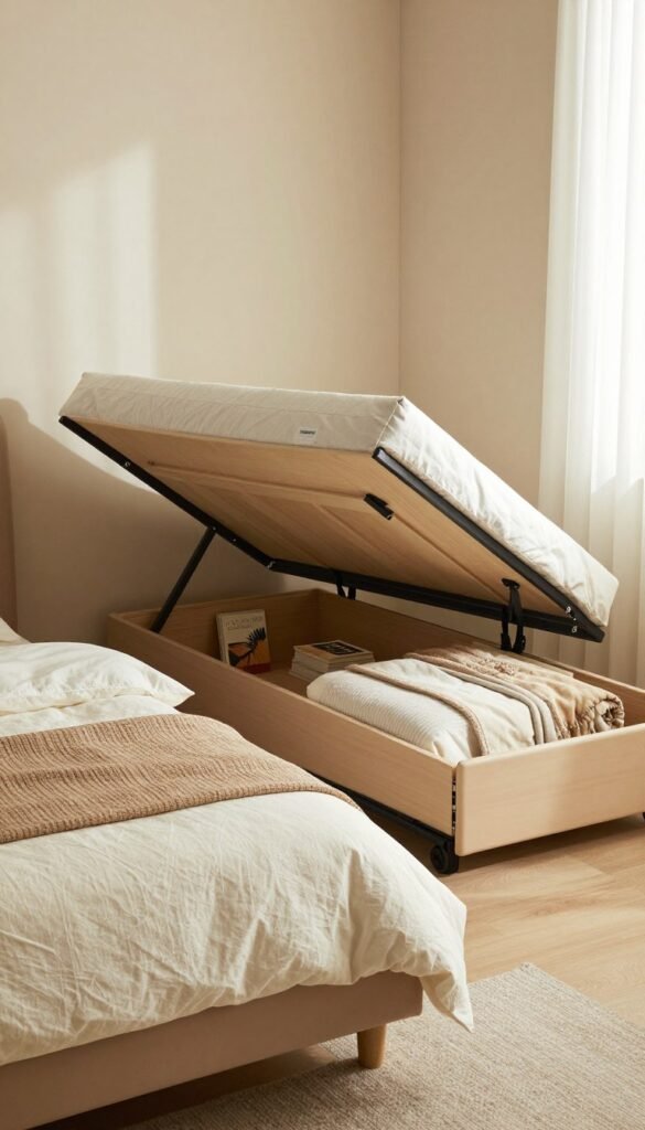 A stylish multifunctional bed designed for small bedrooms, embodying a modern aesthetic with a warm, inviting color palette. The bed features a sleek foldable design with integrated storage solutions, showcasing a clean and minimalist style. In the foreground, the bed is neatly made with soft, textured bedding and decorative cushions. In the middle, visible storage compartments are open, revealing organized items like books and blankets. The background showcases a cozy bedroom scene with soft, natural light filtering through a window, casting gentle shadows on the walls. The overall mood is tranquil and functional, embodying the essence of space-saving solutions. Include the brand name "Ordnungskiste" subtly integrated into the furniture design, balancing aesthetics with practicality.