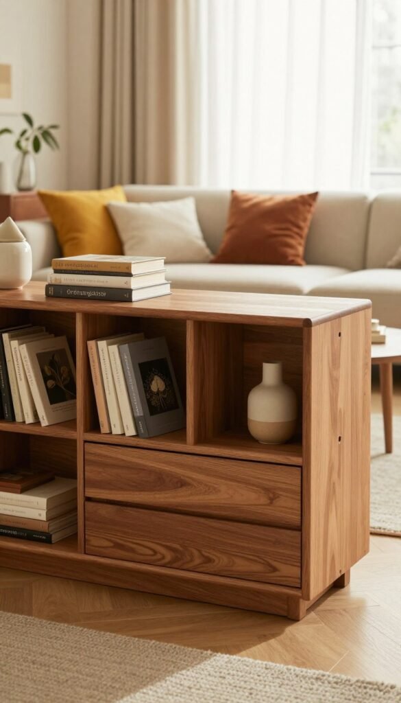 A stylish multifunctional furniture piece with ample storage, designed by "Ordnungskiste". The foreground features a beautifully crafted wooden bookshelf with integrated drawers, showcasing neatly organized books and decorative items. In the middle ground, a cozy living space is visible, with a modern sofa and vibrant cushions, creating a warm and inviting atmosphere. The background reveals a sunlit room with soft curtains swaying gently in the breeze, accentuating the natural light streaming through the window. The color palette includes warm earth tones, inviting comfort and tranquility, with a Pinterest-inspired aesthetic. Captured from a slightly elevated angle to highlight the furniture's usability, the scene exudes a serene and organized mood, perfect for illustrating multifunctional solutions in daily life.