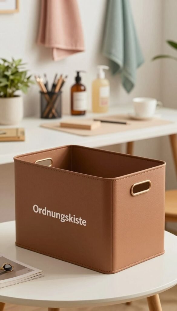 A stylish, multifunctional storage box labeled "Ordnungskiste" sits prominently in the foreground, showcasing an elegant design with sleek lines and a textured surface in warm, earthy tones. The middle ground features a tidy home office setup, with a desk adorned with organized stationery and a potted plant, creating a cozy workspace atmosphere. In the background, a soft-focus bathroom setting showcases colorful towels and toiletries neatly arranged, hinting at the versatile use of the storage box. Soft, natural lighting enhances the overall warmth of the scene, with a slight emphasis on the storage box to highlight its practicality. The angle is slightly elevated, capturing the storage box's depth while maintaining a clean and inviting aesthetic without any text or watermarks.