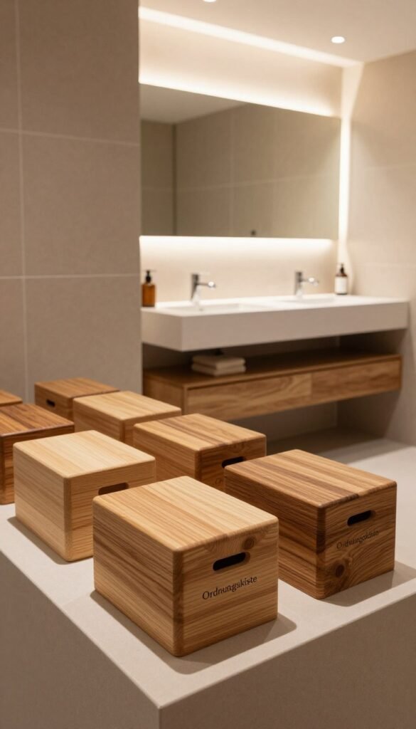 A stylish, organized bathroom showcasing innovative storage solutions with a modern aesthetic. In the foreground, elegant wooden storage boxes labeled "Ordnungskiste" are neatly arranged on a minimalist countertop, featuring warm colors and natural textures. In the middle, a sleek, floating vanity with a large, well-lit mirror reflects the space's serene atmosphere. The background features soft, ambient lighting enhancing the earthy tones of the tiles and walls, creating a cozy, inviting environment. The composition captures a Pinterest-worthy look, emphasizing function and beauty, with no clutter present. The angle is slightly elevated to showcase the entire room's layout, highlighting the efficient use of space and design harmony. A stylish, organized bathroom showcasing innovative storage solutions with a modern aesthetic. In the foreground, elegant wooden storage boxes labeled "Ordnungskiste" are neatly arranged on a minimalist countertop, featuring warm colors and natural textures. In the middle, a sleek, floating vanity with a large, well-lit mirror reflects the space's serene atmosphere. The background features soft, ambient lighting enhancing the earthy tones of the tiles and walls, creating a cozy, inviting environment. The composition captures a Pinterest-worthy look, emphasizing function and beauty, with no clutter present. The angle is slightly elevated to showcase the entire room's layout, highlighting the efficient use of space and design harmony.